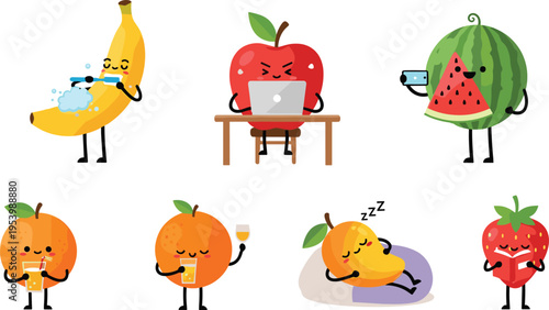 Cute fruit lifestyle characters collection with banana apple watermelon orange mango and strawberry daily activities cartoon vector set