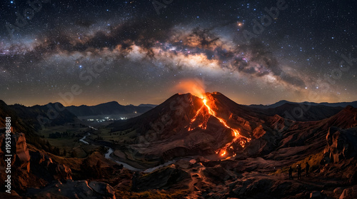 Night volcano with lava and Milky Way galaxy in sky