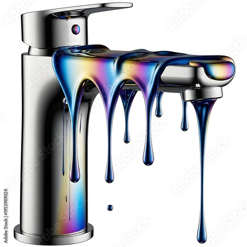 Modern faucet with iridescent water effect against a transparent background