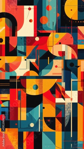 a colorful abstract pattern with many different shapes, overlapping geometric forms, soft gradients, and bold contrasting hues