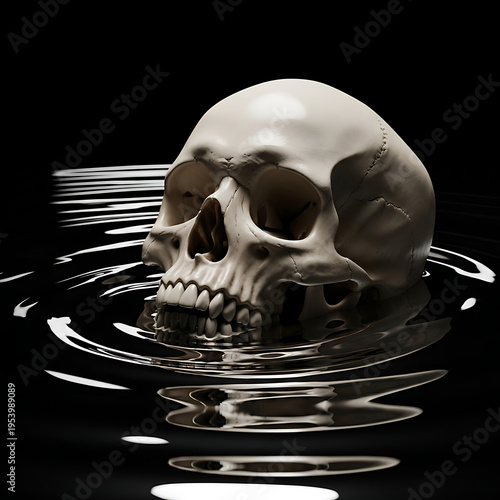 Realistic human skull floating on water with transparent background