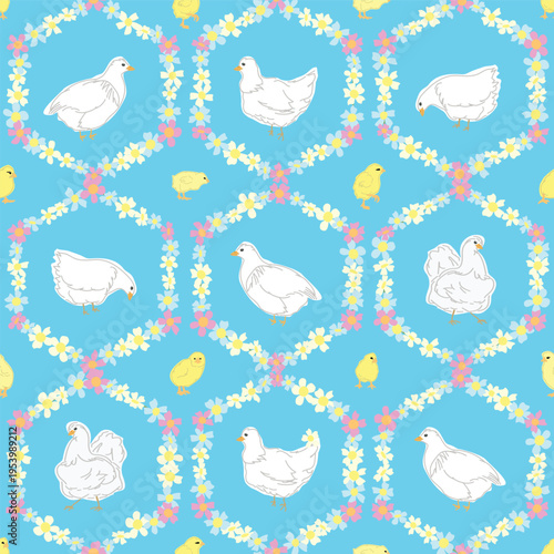 White Chickens and Cute Yellow Baby Chicks Framed in Floral Hexagonal Wreaths on a Pastel Blue Background