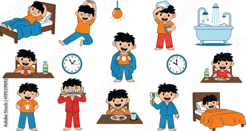 Morning routine of a cartoon character with various activities