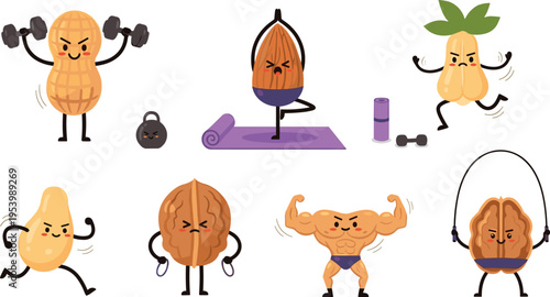 Funny nuts fitness characters collection with peanut almond walnut pistachio exercising gym workout cartoon vector illustration set