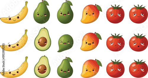 Cute fruit characters set with banana avocado mango and tomato different expressions cartoon mascot vector illustration collection
