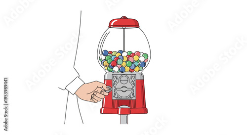 Hand turning knob on vintage red gumball machine.