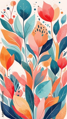 a colorful floral pattern with leaves and flowers in soft pastels, layered petals, and delicate foliage creating a vibrant, elegant design