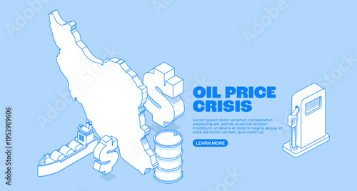 Iran oil industry map with isometric energy infrastructure icons illustrating petroleum production, tanker transport, refinery activity and global energy economyWeb