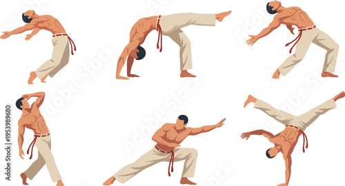 Capoeira Martial Arts Dynamic Poses Collection, Brazilian Acrobat Fighting Vector Set