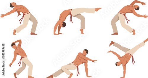 Capoeira Martial Arts Dynamic Poses Collection, Brazilian Acrobat Fighting Vector Set