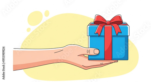 Hand Offering a Blue Gift Box with Red Ribbon and Bow.