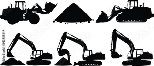 Construction machinery silhouettes including excavators, loaders and bulldozers, heavy equipment 