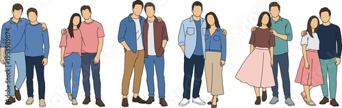 Faceless young couples vector set in casual modern outfits, romantic people character collection for lifestyle, relationship, fashion, and social illustration design
