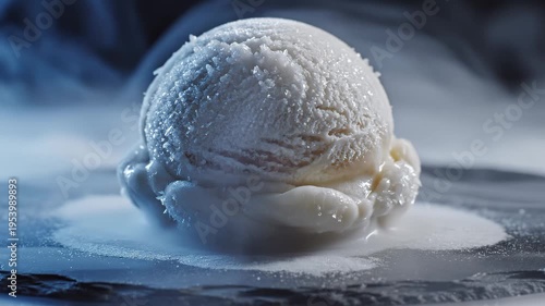 An exquisite single scoop of smooth, white ice cream stands out against a misty, dark background, exuding a refreshing chill and promising a delightful frozen treat experience