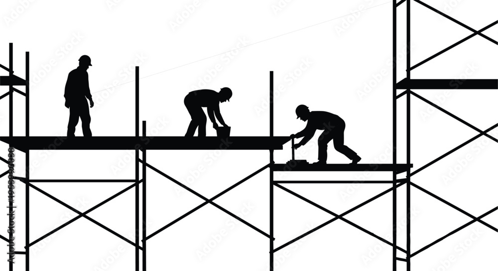 Fototapeta premium Construction workers on scaffolding silhouette, building site labor vector illustration, industrial work scene with teamwork and safety concept, isolated on light background