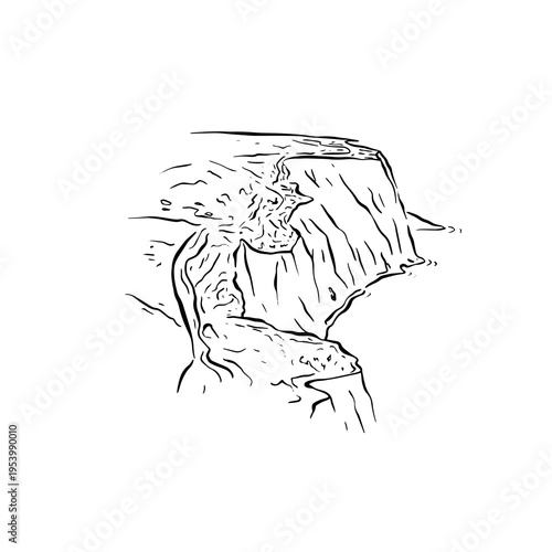Line drawn cliff illustration, drawn in black line.