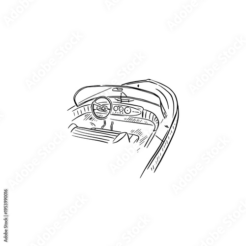 Front of boat illustration, hand drawn in black line.