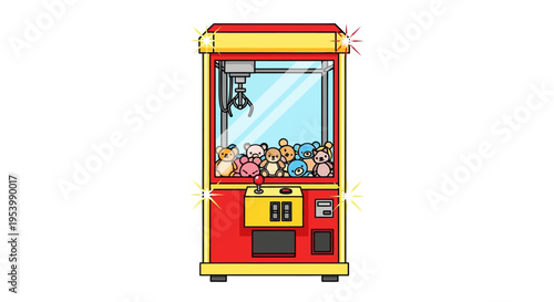 Red and yellow arcade claw machine filled with plush toys.
