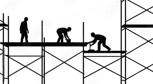 Construction workers on scaffolding silhouette, building site labor vector illustration, industrial work scene with teamwork and safety concept, isolated on light background
