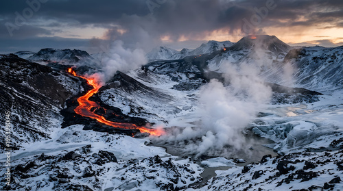 Frozen volcanic landscape with flowing lava and rising steam in cinematic light