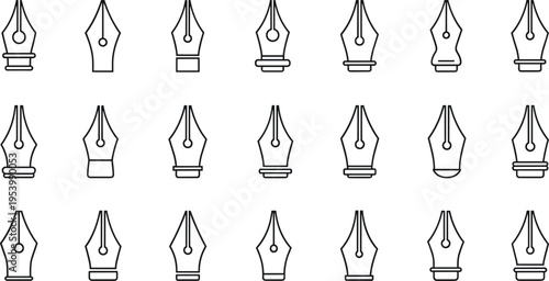 Fountain pen nib icons set with outline ink tips collection minimal line art vector illustration