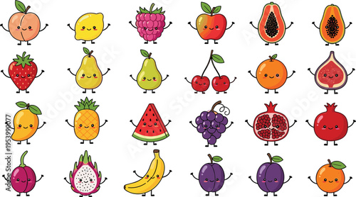 Cute fruit characters collection with different tropical and fresh fruits smiling cartoon mascot vector illustration set