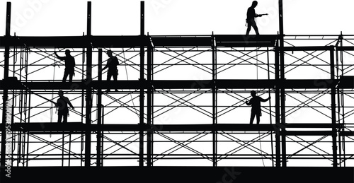 Construction workers on scaffolding structure silhouette, building site labor vector illustration, industrial work scene, engineering teamwork concept, isolated on light background, black design