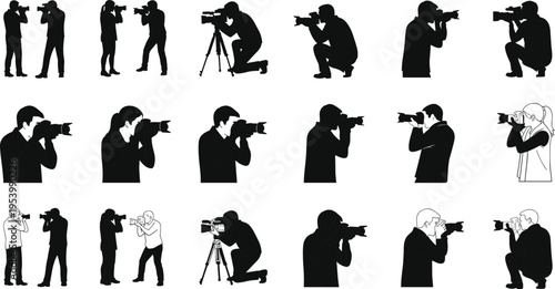 Photographer silhouette set with camera shooting poses, professional photojournalist actions, paparazzi collection, and creative photography activity illustrations isolated