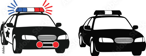 Police car icon set with emergency light vehicle illustrations, black patrol automobile collection isolated on gray background for law enforcement design