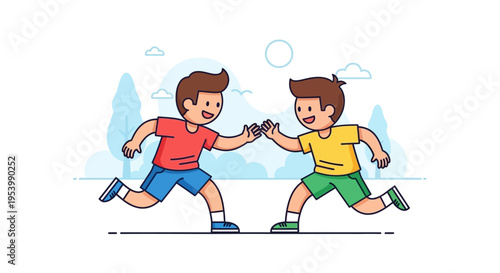 Two happy boys giving each other a high five while running.