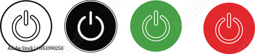 Power button icons set in black, green, red and outline styles, modern on off switch symbol collection isolated on gray background