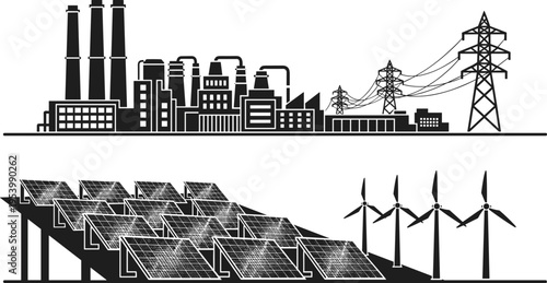 Energy production vector illustration, industrial power plant with transmission lines solar panels and wind turbines silhouette for renewable and conventional electricity generation design