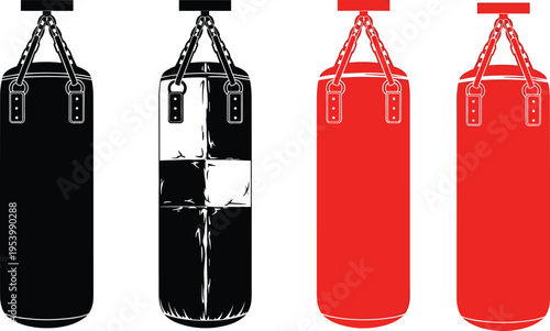 Punching bag icon set in black and red silhouette styles, hanging boxing training equipment symbols for gym, fitness, and combat sports design