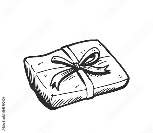 Hand-drawn gift box illustration in monochrome sketch style. Features a ribbon tied in a bow.