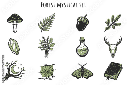 Hand-drawn forest mystical icon set in black and green. Includes witchy and cottagecore elements. Suitable for social media, prints, stickers, stationery, and mystical designs.
