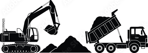 Excavator and dump truck silhouette vector, construction machinery working with soil pile, heavy equipment illustration, industrial transport and digging concept, black design