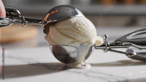 A mouth-watering close-up of a creamy vanilla ice cream scoop, with the frozen treat slowly melting, highlighting its delicious texture and refreshing appeal in a bright kitchen
