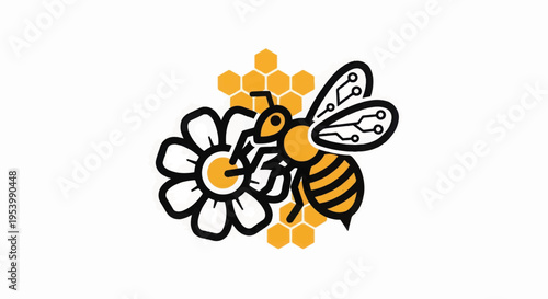 Bee Collecting Pollen from Flower Illustration 1.