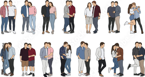 Romantic couples collection in flat vector illustration featuring young adult partners hugging, kissing, and standing together in affectionate poses isolated on light background