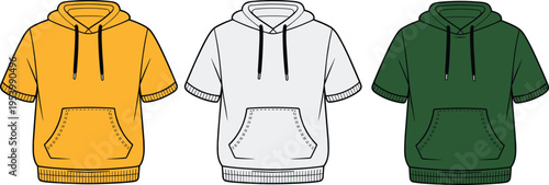 Short sleeve hoodie mockup set with three color variations, casual streetwear apparel design featuring front view, kangaroo pocket and drawstring hood isolated background