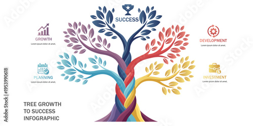 Colorful Success Tree Vector Illustration, Growth Mindset and Achievement Concept Design