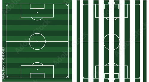 Soccer field and split pitch layout set with green striped football grounds, top view stadium markings, and abstract sports background design
