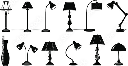 Table and floor lamp silhouette set featuring modern, classic, and decorative lighting fixtures for interior design and home decor illustration