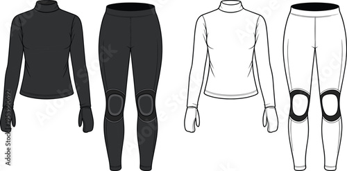 Thermal base layer clothing set with long sleeve top, leggings and gloves, winter sports apparel mockup front and back views isolated design template