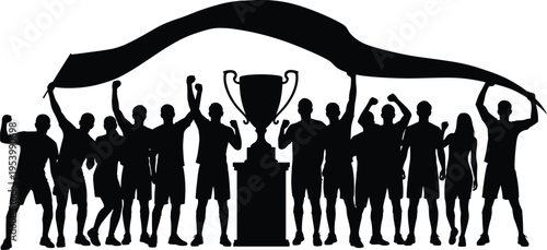 Team victory silhouette with championship trophy, cheering crowd under banner, sports celebration concept, winner group, and success event illustration