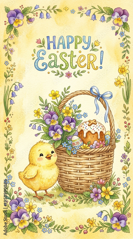 Fototapeta premium Artistic Easter greeting illustration with basket of eggs, flowers and chick