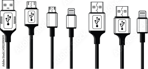 USB cable connector icon set with HDMI, micro USB, and lightning plug silhouettes for charging, data transfer, and device connection design