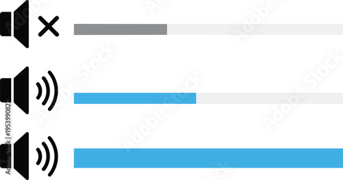 Volume control icons set with mute, medium and high sound levels, audio slider interface illustration isolated on gray background
