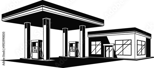 Gas station vector illustration, modern fuel service building with pumps canopy and convenience store silhouette for urban transportation energy infrastructure design concept