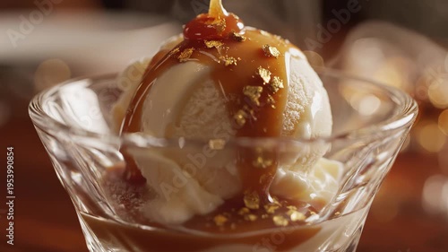A close-up of a delectable vanilla ice cream sundae topped with rich caramel sauce and edible gold flakes in a crystal glass dish, perfect for a sweet indulgence